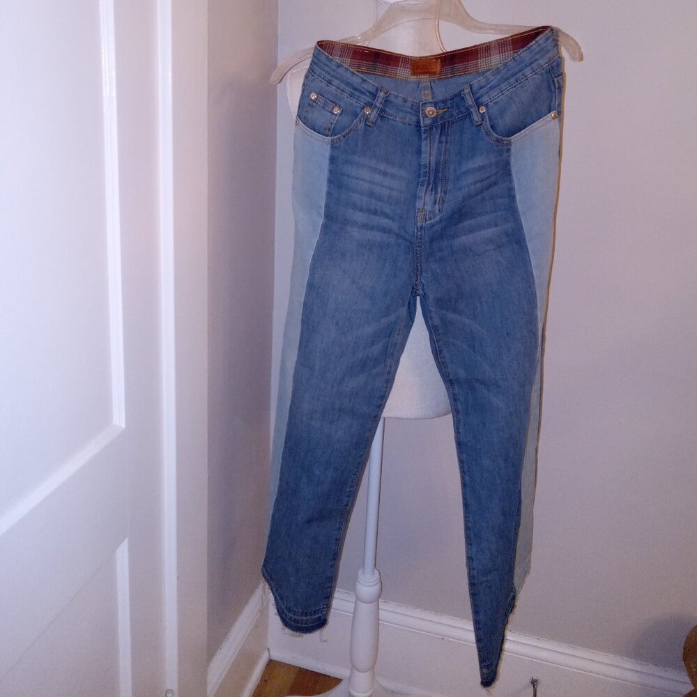NWOT Womens POL Size Small Cropped Two Tone Wide Leg Jeans With Plaid Inside - Picture 2 of 7